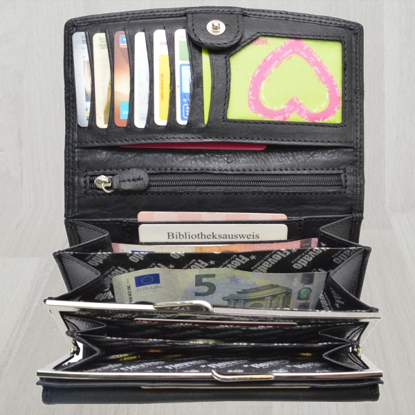 flevado Portemonnaie Schwarz Damen Leder Geldbörse Damenbrieftasche mit Klippfach RFID Schutz